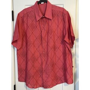 Torras Spain 100% Linen Short Sleeve Shirt Men's XL Argyle Print Burnt Orange